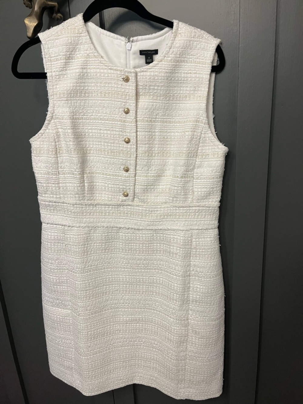 Ann Taylor White Sleeveless Tweed Mini Dress with Gold Buttons